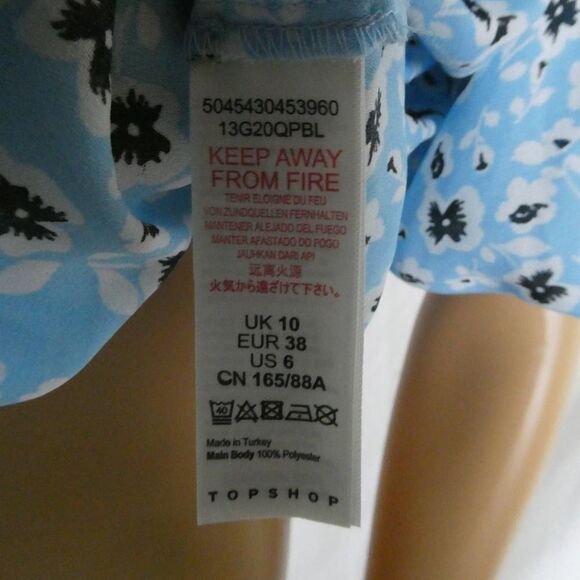 Topshop Floral Button Up Blouse Bubble Sleeve Ruffle Tie Neck Top Blue White - Picture 8 of 10